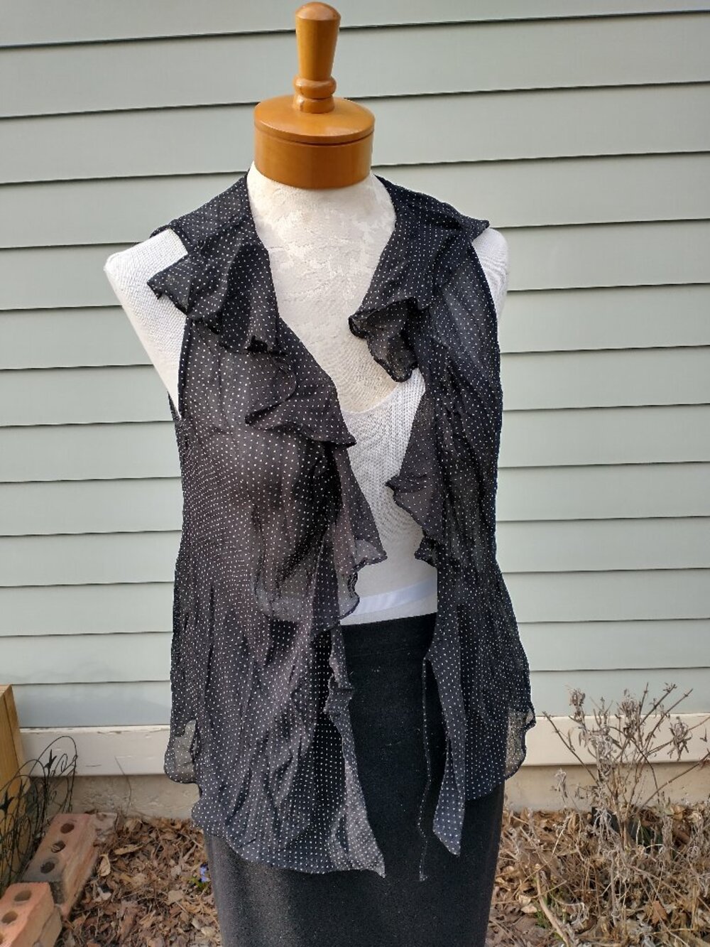 Blouse: silk, black polka-dot, sleeveless, ruffles. Size 10 - by Ralph Lauren